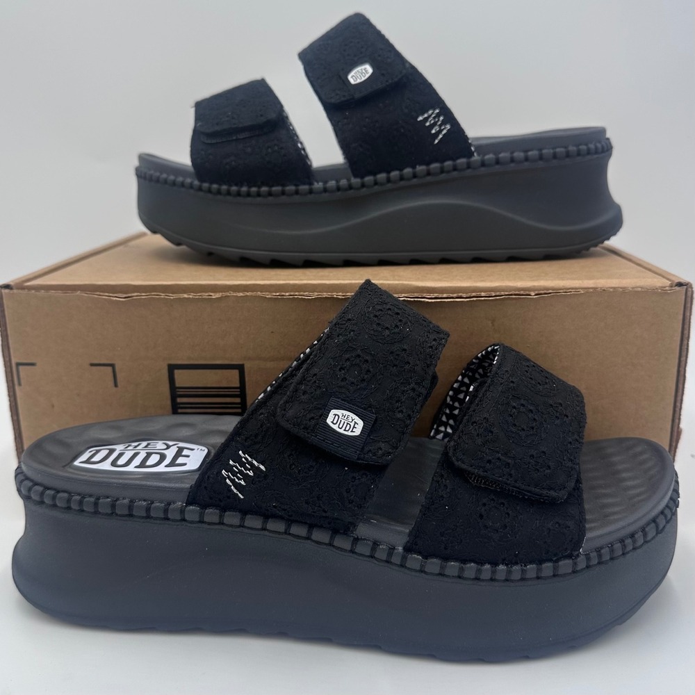 HEY DUDE Delray Slide Eyelet Womens 12 Black Platform Two Strap 43203-001